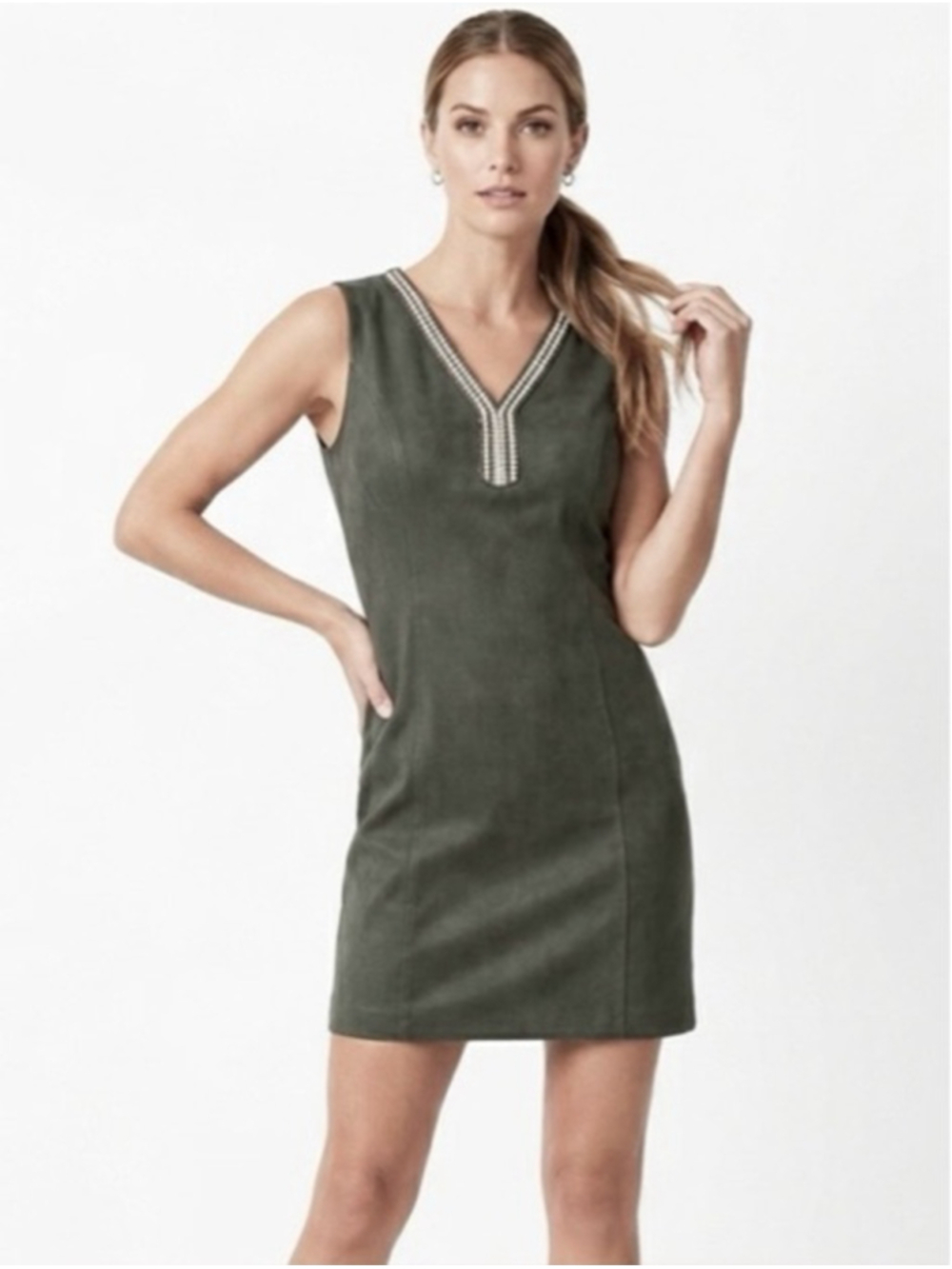 Lina Tomei Olive Green Linen Mini Dress with Embellished V-Neck, Size Large NEW